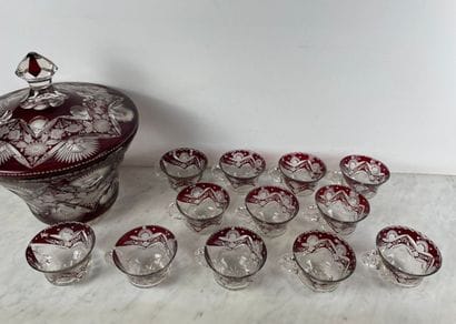 Red-lined crystal punch set - Bohemia, late...