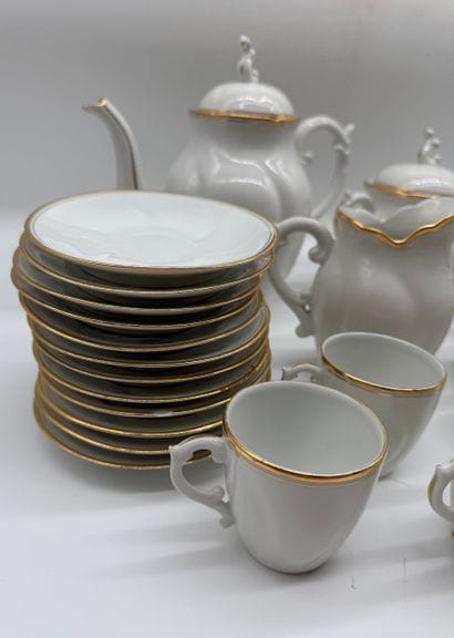 White porcelain coffee/tea set with gold...