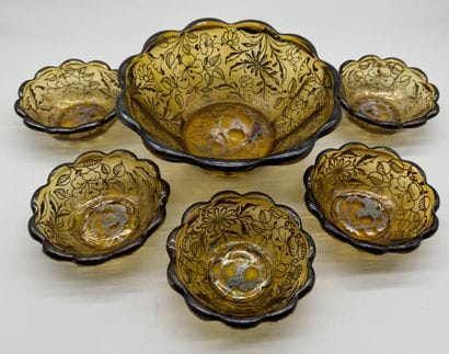 AMBER GLASS AND SILVER DESSERT SET MID-20TH...