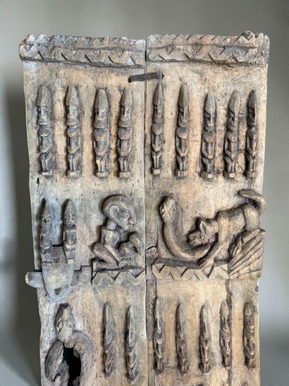 TWO-PANEL ATTIC DOOR, DECORATED WITH SCENES...