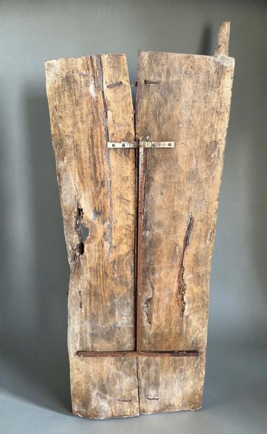 TWO-PANEL ATTIC DOOR, DECORATED WITH SCENES...