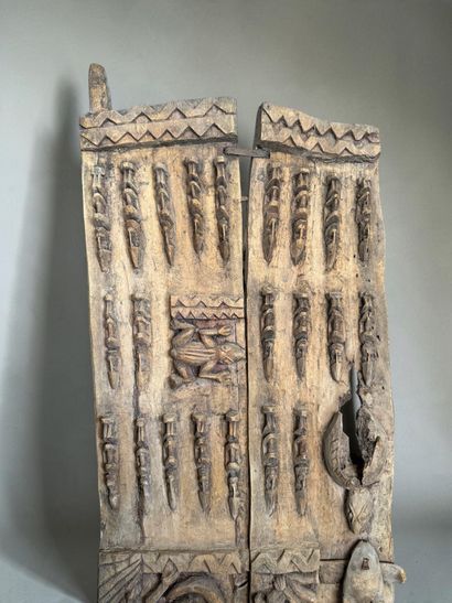 TWO-PANEL ATTIC DOOR, DECORATED WITH SCENES...