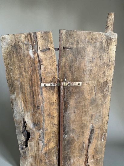 TWO-PANEL ATTIC DOOR, DECORATED WITH SCENES...