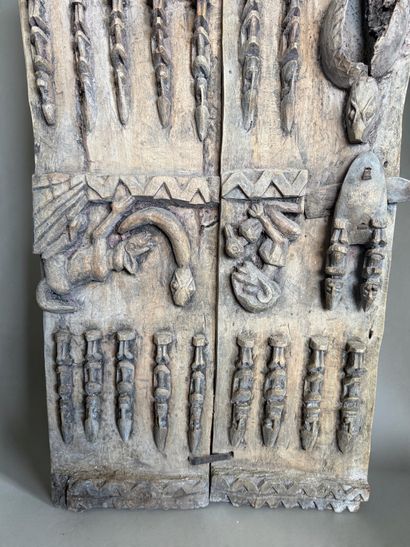 TWO-PANEL ATTIC DOOR, DECORATED WITH SCENES...