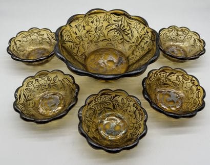 AMBER GLASS AND SILVER DESSERT SET MID-20TH...