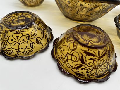 AMBER GLASS AND SILVER DESSERT SET MID-20TH...