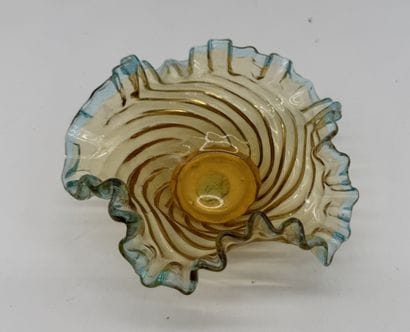 Amber and blue glass dish or trinket dish

(Internal...