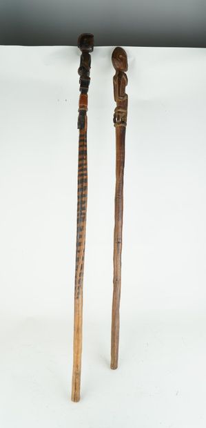 Réunion de deux bâtons cannes en bois sculpté...