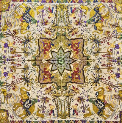 ASIE
Broderie à décor de chasses et médaillon...