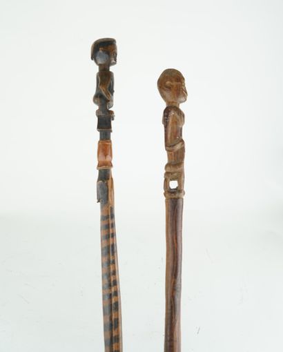 Réunion de deux bâtons cannes en bois sculpté...