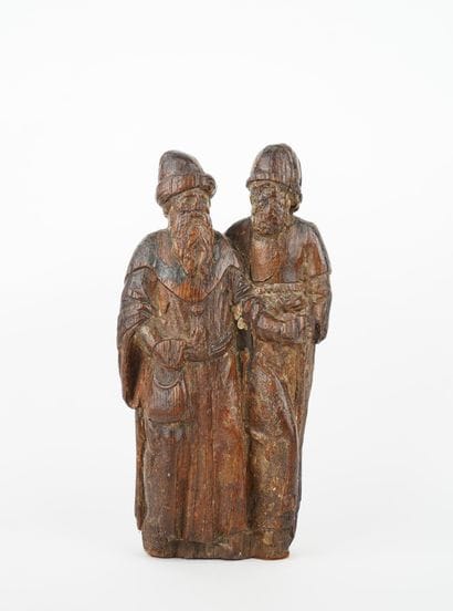 Couple de personnages en chêne sculpté, dos...