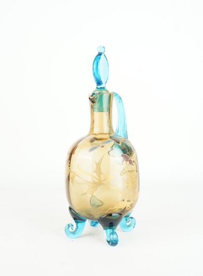 Carafe en verre bleu et jaune, dans le goût...