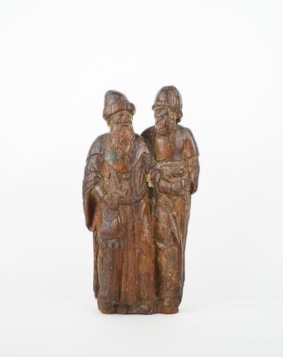 Couple de personnages en chêne sculpté, dos...