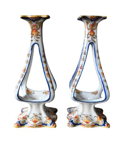 Pair of openwork earthenware candlesticks,...
