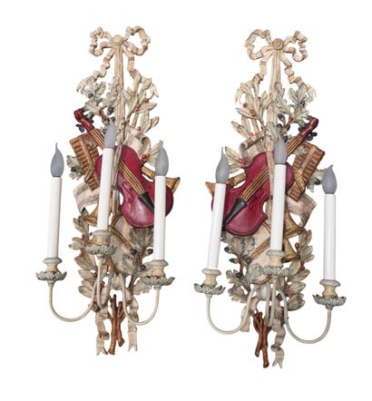 Pair of large carved wood wall sconces with...