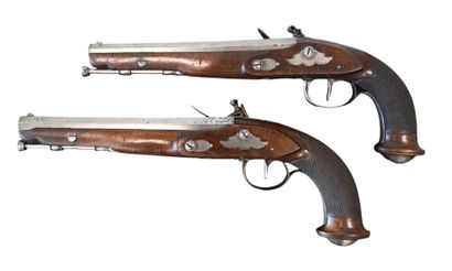 Matching pair of flintlock dueling pistols,...