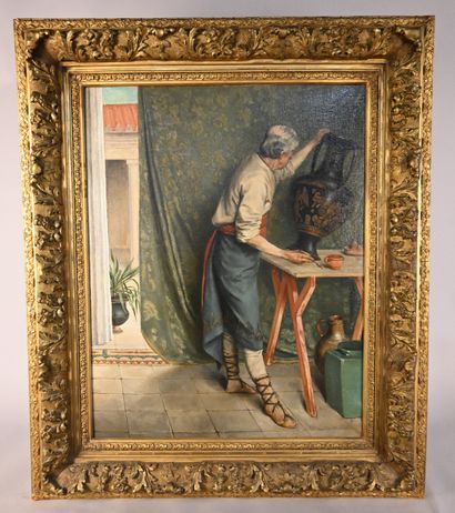 Studio painter decorating an amphora, signed...