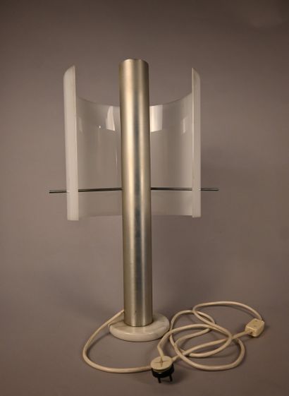 Modernist table lamp in brushed steel, marble...