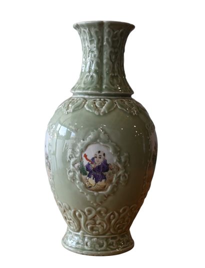 Chinese celadon porcelain vase with famille...