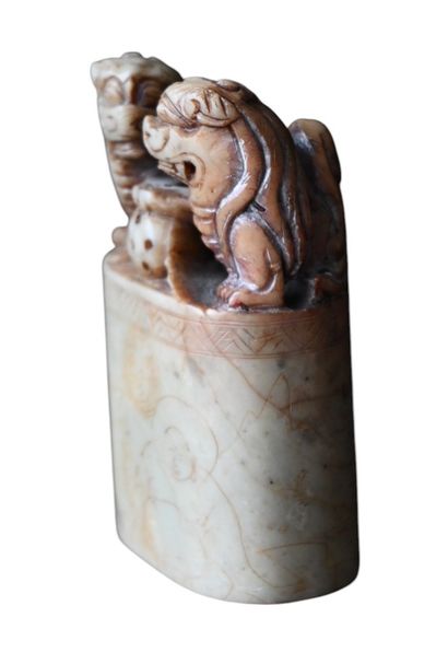 Cachet sceau chinois en stéatite sculptée,...