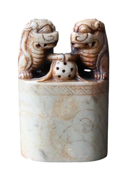 Cachet sceau chinois en stéatite sculptée,...
