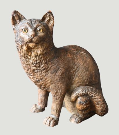 Chat en terre cuite avec yeux en verre, dans...