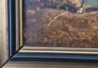 Painting on panel of a billy goat and a goat,...