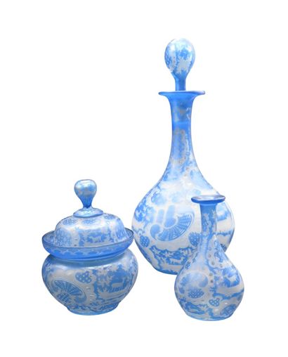 Set of three glass cameo bottles and covered...