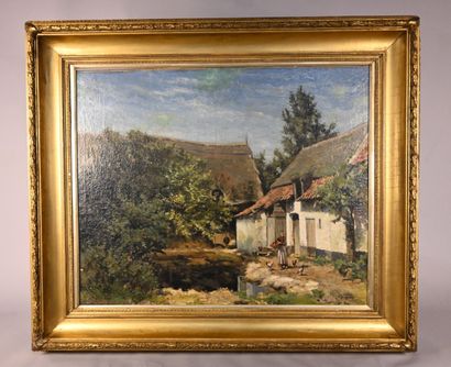 Berend Jan Brouwer - Farmyard with pond and...
