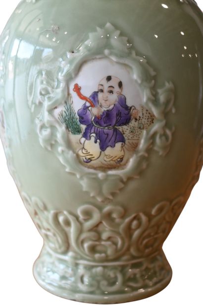 Chinese celadon porcelain vase with famille...