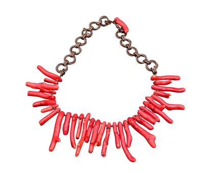 Necklace in natural red coral and patinated...