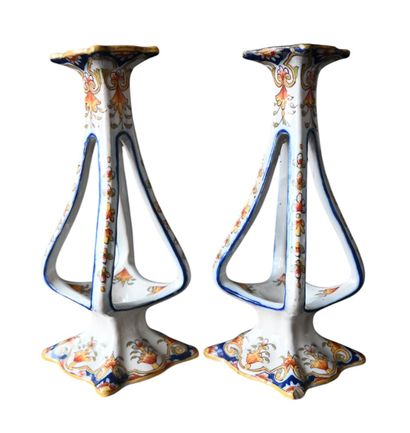 Pair of openwork earthenware candlesticks,...