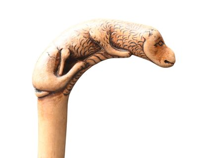 Carved wooden cane with zoomorphic handle,...