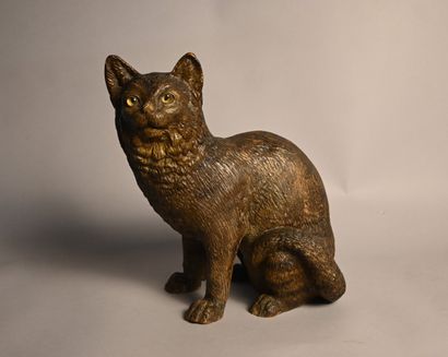 Chat en terre cuite avec yeux en verre, dans...