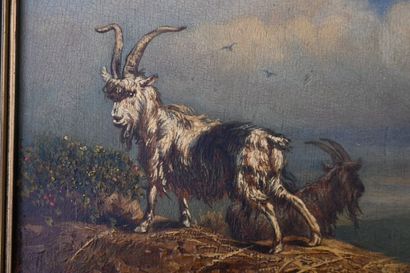 Painting on panel of a billy goat and a goat,...