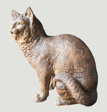 Chat en terre cuite avec yeux en verre, dans...
