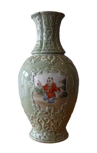 Chinese celadon porcelain vase with famille...