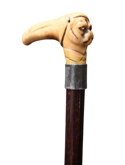 Carved deer antler cane with handle, late...
