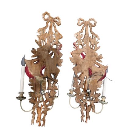 Pair of large carved wood wall sconces with...