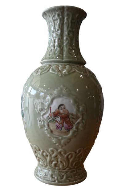 Chinese celadon porcelain vase with famille...