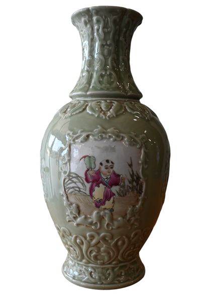 Chinese celadon porcelain vase with famille...