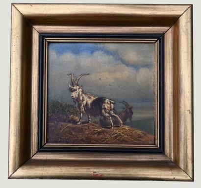 Painting on panel of a billy goat and a goat,...