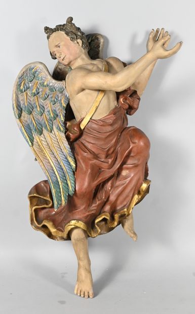 Baroque angel in carved and polychromed wood,...