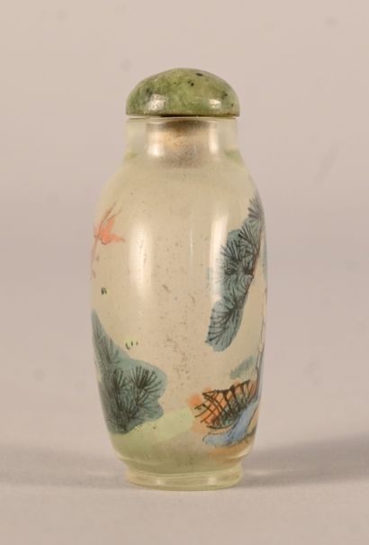 Snuff bottle in glass painted on the inside...