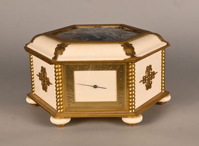 Hexagonal gilt bronze and ivory box with...