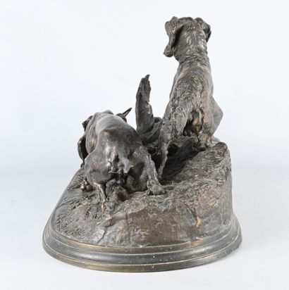 Bronze group of two pheasant hunting dogs,...