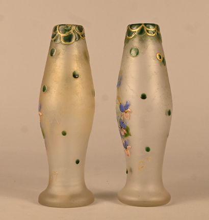 Pair of Art Nouveau enameled glass vases...
