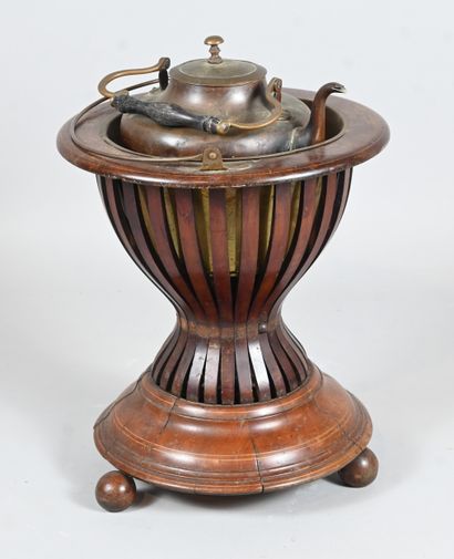 Wooden tea warmer or kettle stand with copper...