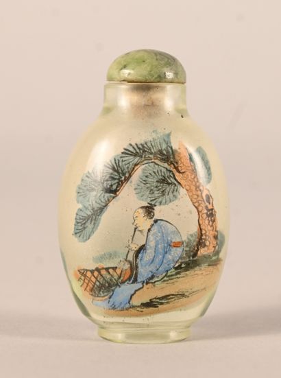 Snuff bottle in glass painted on the inside...
