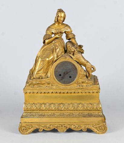Gilt bronze clock with romantic subject,...